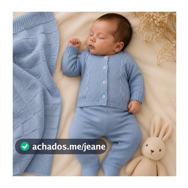 Kit Saída De Maternidade Conjunto Casaco Calça  Manta Trabalhada Losângulo em Tricô 3 Peças Menina e Menino