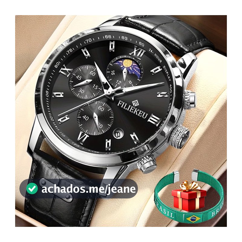 Relógio Cronógrafo Masculino Quartzo Couro Preto Mostrador Romano Luxo