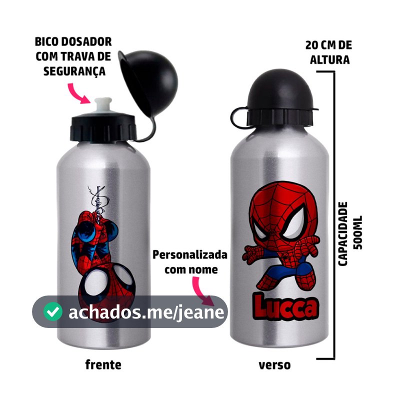 Garrafa Squeeze de alumínio Homem Aranha Cute - Personalizada com nome