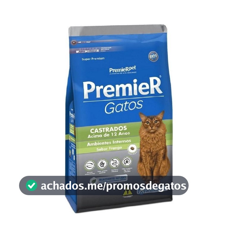 Ração para Ambientes Internos Gatos Adultos Castrados Acima 12 Anos Frango Premier 0,5Kg