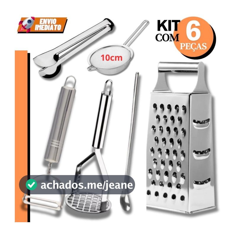 Kit Utensílios Cozinha INOX Descascador+Amassador+ Ralador+Peneira 10cm+Colher Suco+Pegador 6 Peças