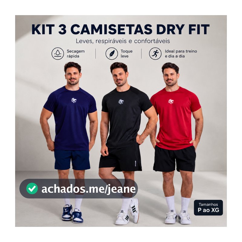 Kit 3 Camisas Dry Fit Tecido Leve Musculação e Esportes Masculino