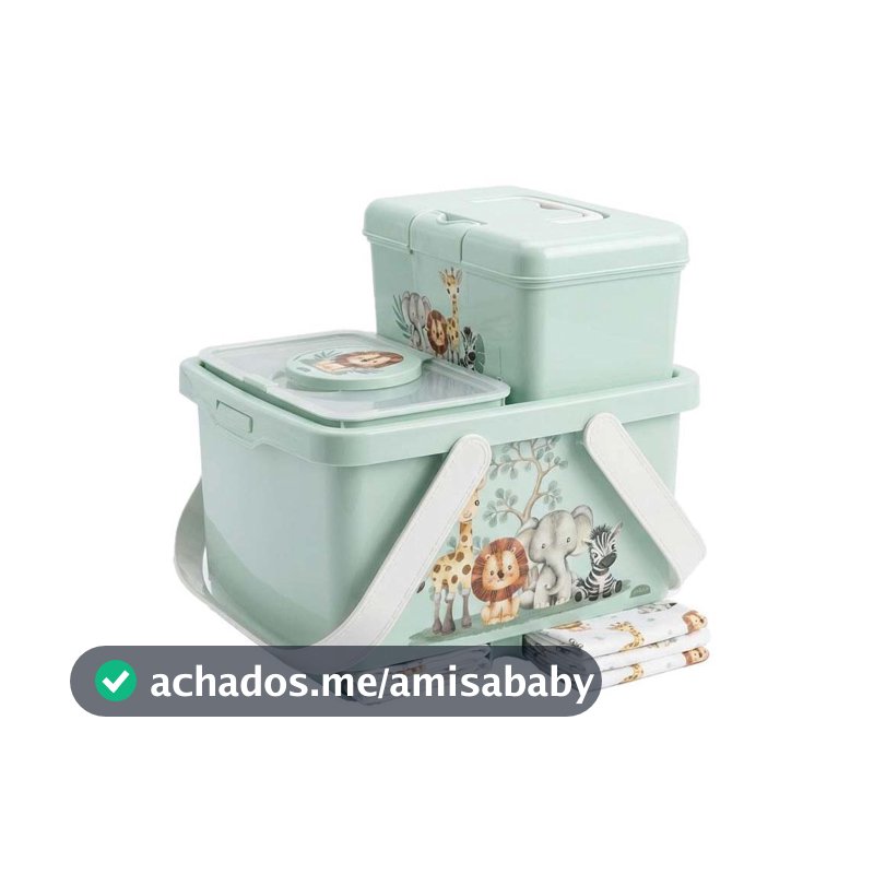 Kit Trocador Enxoval Safari Bichinhos 3 Peças Caixa Porta Fraldas Lenço Umedecido Maleta Farmacinha Bebê Plasútil