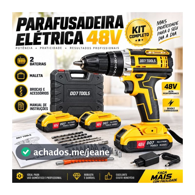 Parafusadeira Furadeira Sem Fio 48V 2 Baterias Lítio Kit Maleta Acessórios 2 Velocidades Luz LED Uso Doméstico