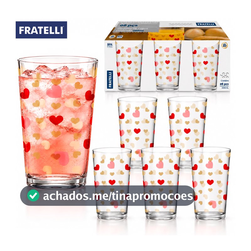 Conjunto Jogo de 6 Copos Estampado Fratelli Coração 200ml copo de vidro Mesa Posta Bebidas Drink
