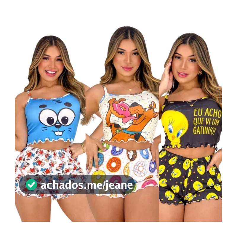 Kit 5 Pijamas Baby Doll Sortidos SUEDE Conjunto Feminino Personagem Cropped Ondinha Short Doll de Dormir