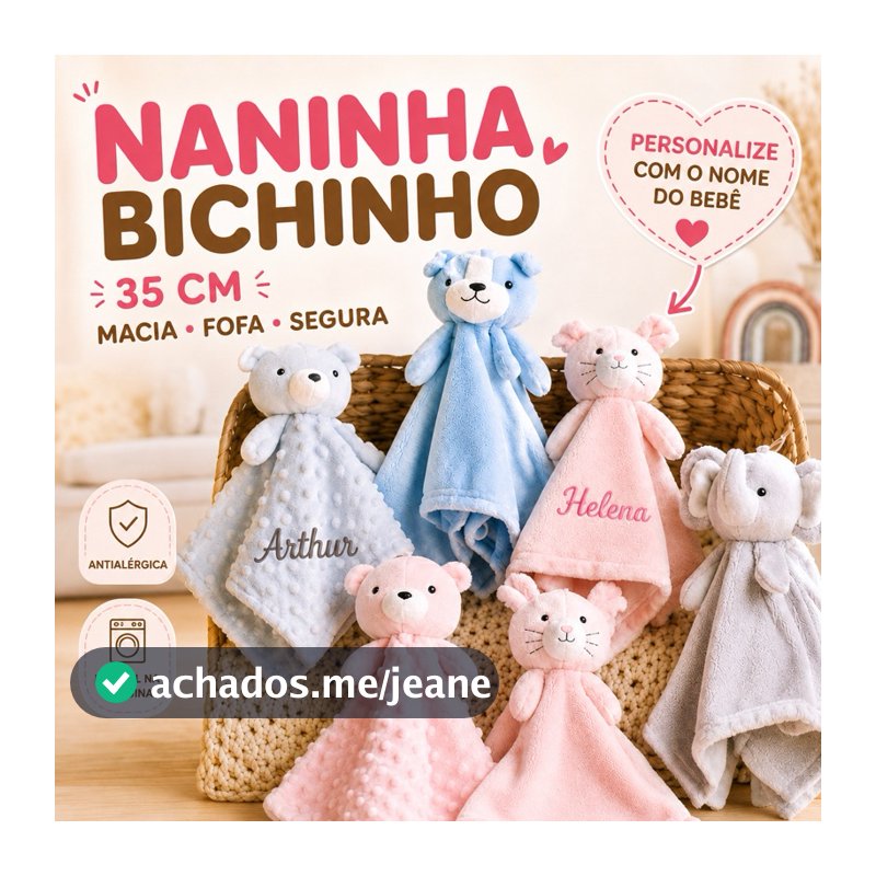 Naninha Bebê Personalizada com Nome 35cm Bichinho Pelúcia Hipoalergênica Paninho de Dormir Menino Menina