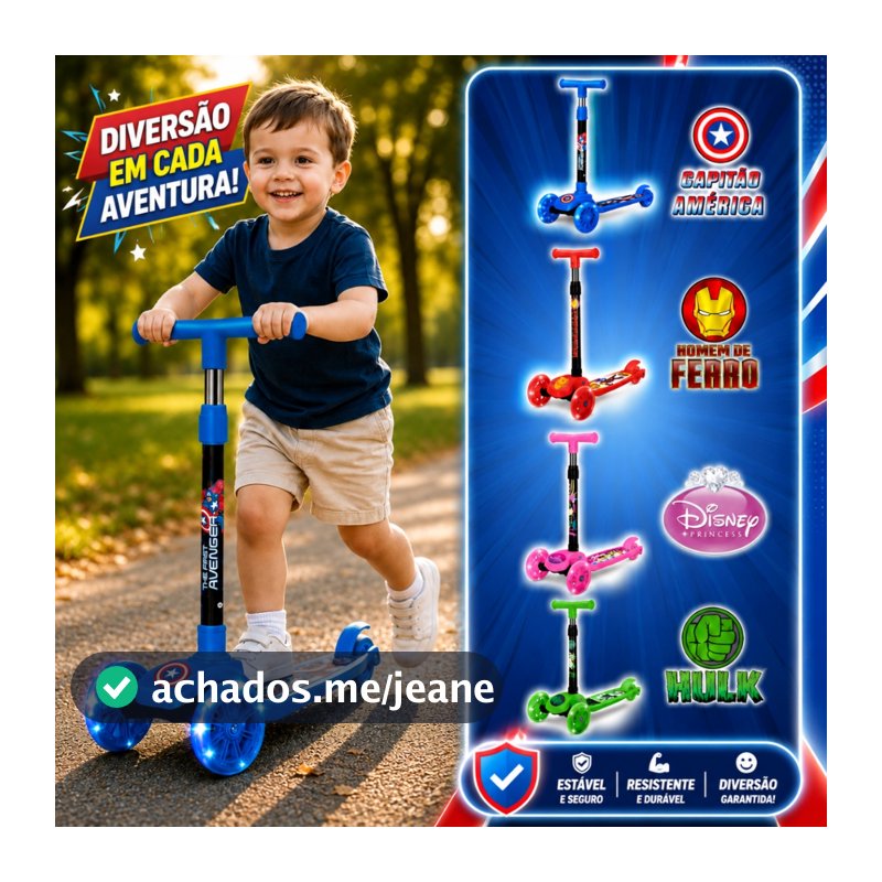 Patinete Infantil 3 Rodas 3 4 5 Anos, Rodinhas com LED, Altura Ajustável