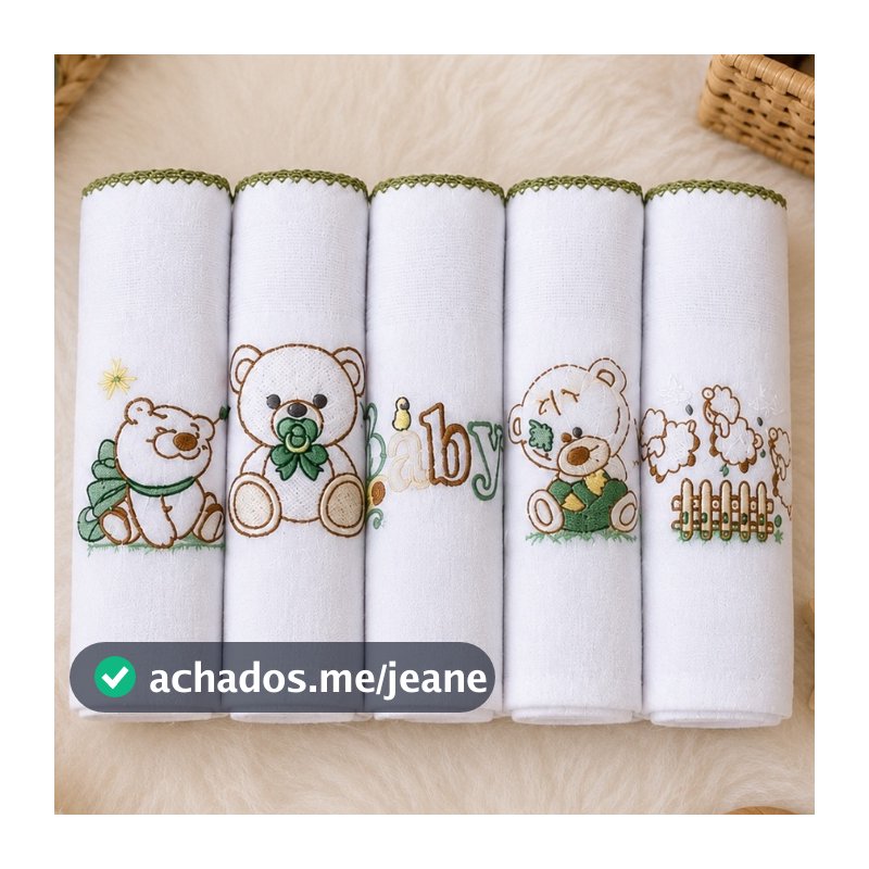 Kit Fralda de Pano Bordada para Bebê com 5 unidades 100% Algodão Menino