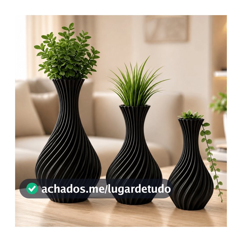 Kit 3 Vasos Decorativos Preto em Espiral Decoração Moderna para Sala e Estante