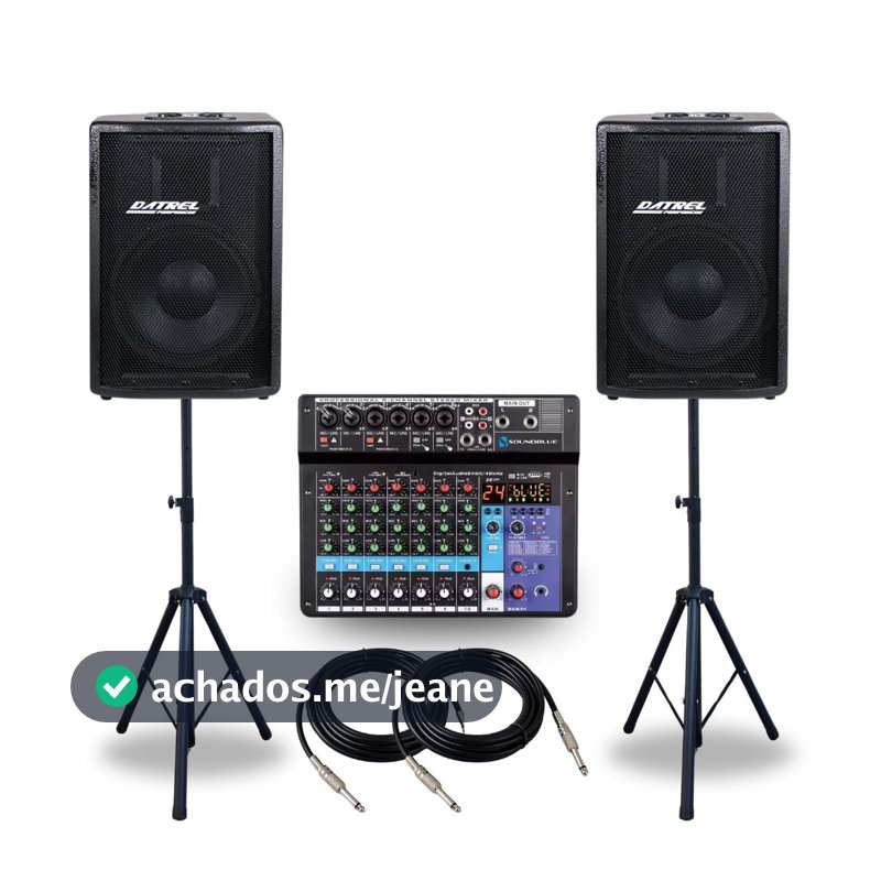 Kit 2 Caixas Som 400w Ativa Passiva 10 Acustica Profissional + Console Mesa 8 Canais + Suportes Tripe Pedestal + Cabos