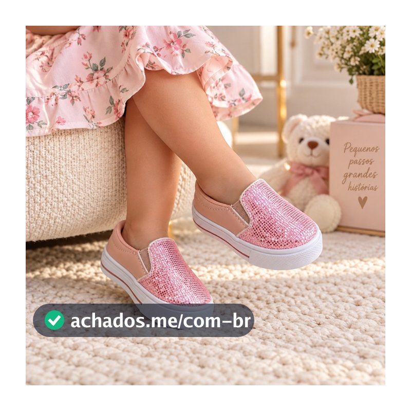 Tênis Baby Infantil Slip On com Glitter Calce Fácil Confortável Menina Bebê