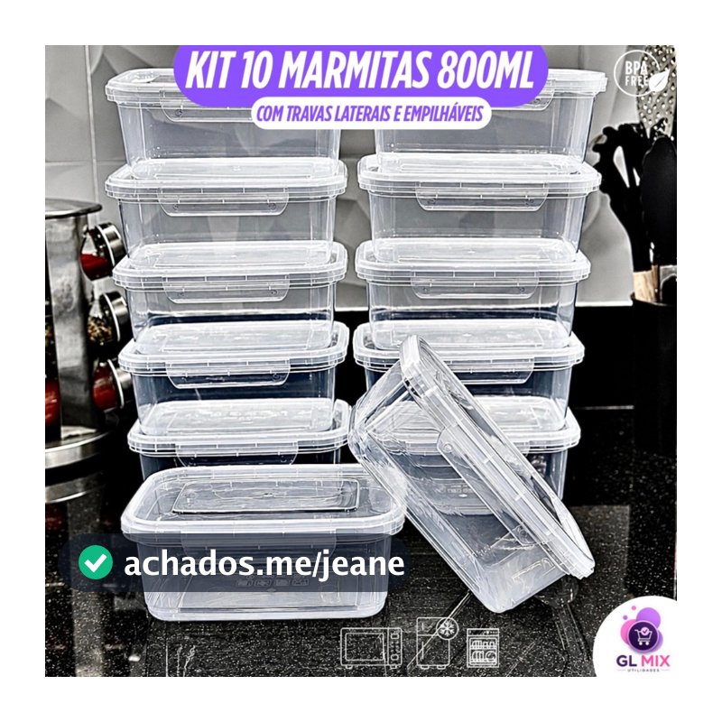 Kit 10 Marmita fitness Potes 800ml Travas Laterais --> BPA FREE organizadores de alimentos vasilhas.