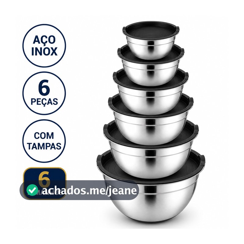 Conjunto Bowls de Inox com Tampa Plástica 6 Peças 4,3L 3,8L 2L 1,4L 1L 0,7L Empilháveis