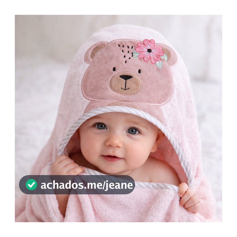 Toalha de Banho Capuz Bordado Ursa Rosa 90x70 cm Felpuda Algodão Enxoval Bebê Menina Infantil grande