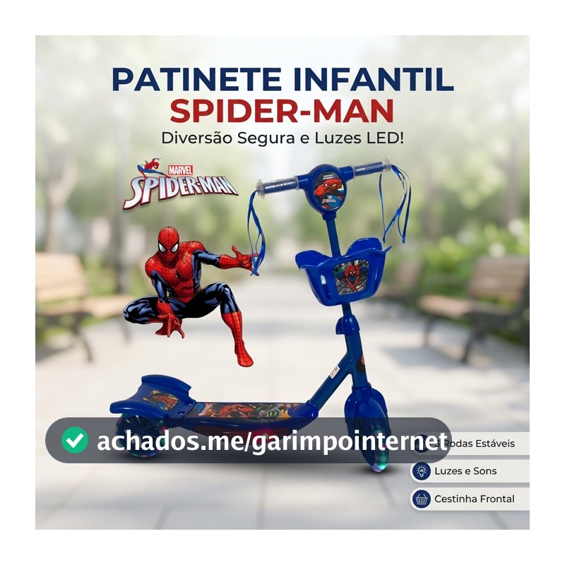 Patinete Infantil 3 Rodas Homem Aranha Com Luz LED e Cestinha Brinquedo Menino