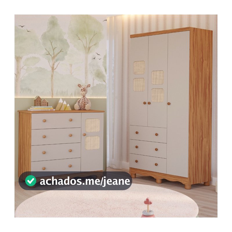 Quarto de Bebê Completo Guarda Roupas 3 Portas Cômoda 1 Porta Telinha Off White 100%MDF