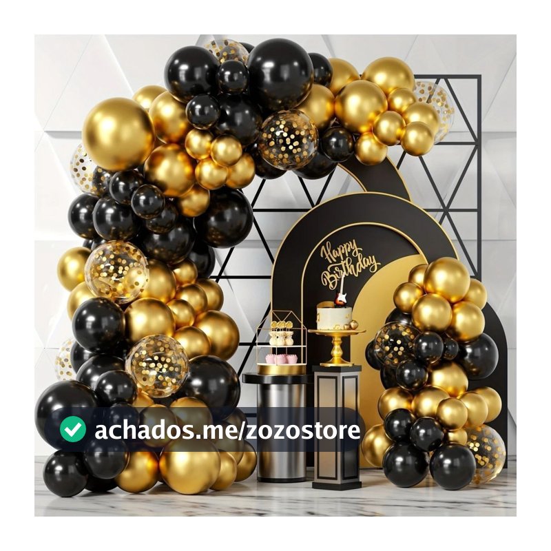 Kit Festa 145 Balões Luxo Preto Liso e Dourado Gold Cromado Metalizado Decoração Aniversario Arco Desconstruído + Fita
