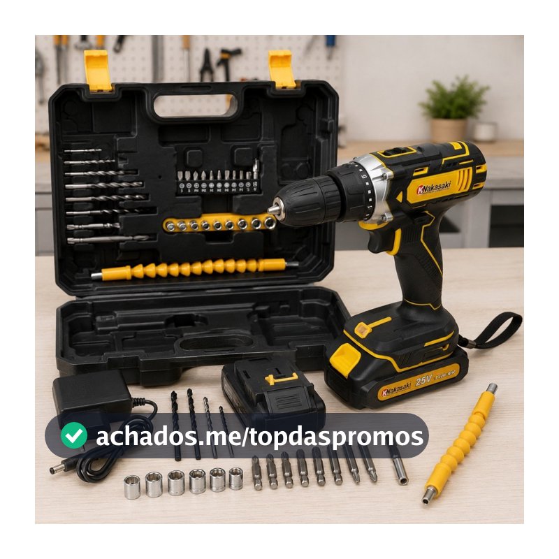 Parafusadeira Furadeira 25V Nakasaki Sem Fio a Bateria Profissional Kit Completo com Maleta