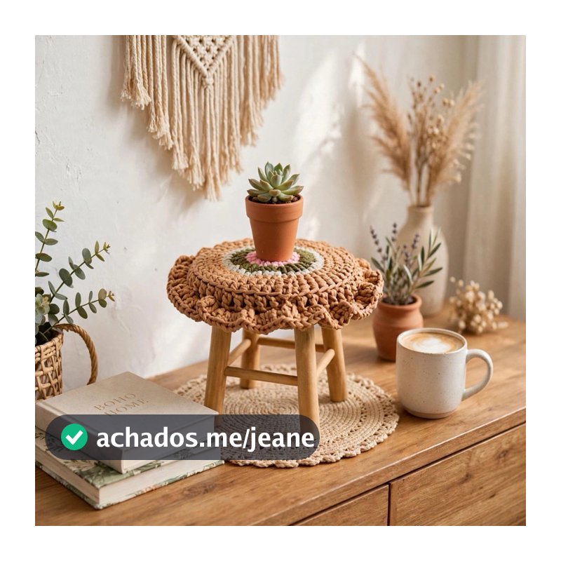 Mini Banquinho Madeira 20cm com Capa Crochê Fio de Malha - Porta Vaso Decorativo Boho - 30cm com Capa .
