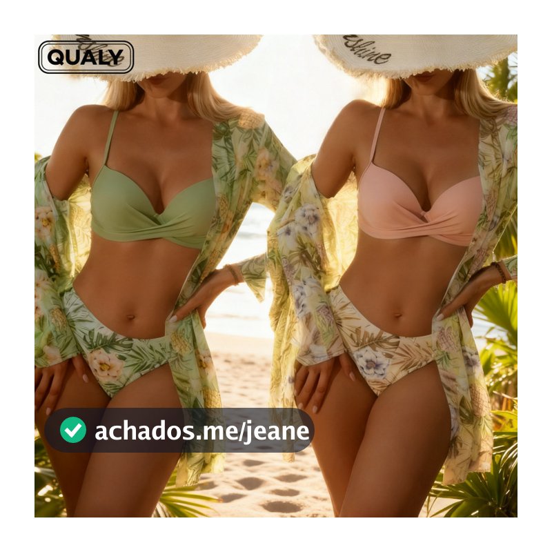 Conjunto De Biquíni Feminino De Três Peças Cintura Alta Roupa de Estilo Fato De Banho Impresso De praia de areia QUALY