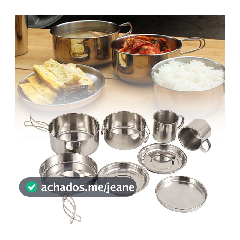 Kit 6/8 de Panelas Aço Inox Compacto-Portátil para Camping Trekking E Pesca Completo com Canecas