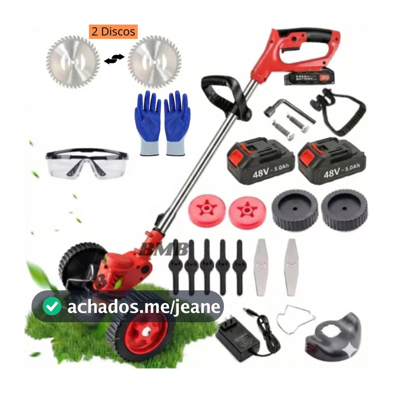 Roçadeira Aparador Cortador De Grama Elétrico Recarregável Com Rodas 2 Baterias de Lítio KIT COMPLETO