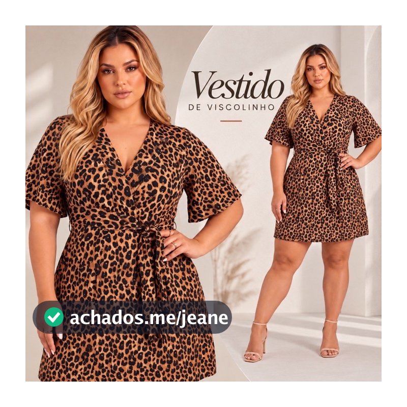 Vestido Feminino Plus Size Viscolinho Estampado Animal Print Transpassado com Faixa