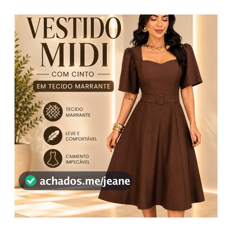 Vestido Midi Feminino com Cinto Fixo Decote Coração Tecido Marrante Manga Princesa Elegante Premium Festa Trabalho Casua