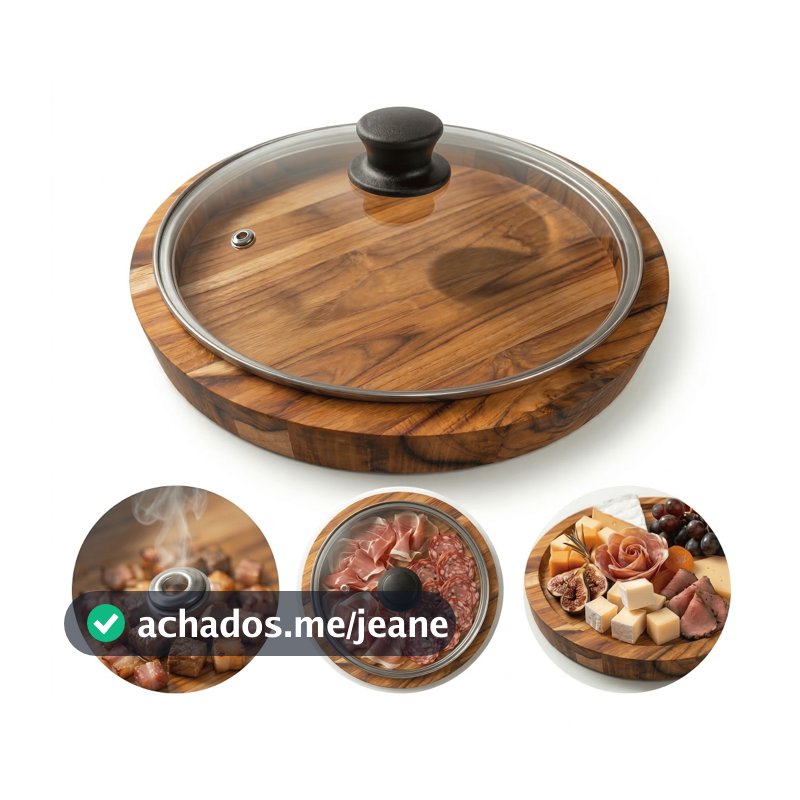 Gamela Redonda de 30cm com Tampa de Vidro Madeira Teca Nobre Churrasco Tabua Tábua Carne Petisco Frios Cozinha