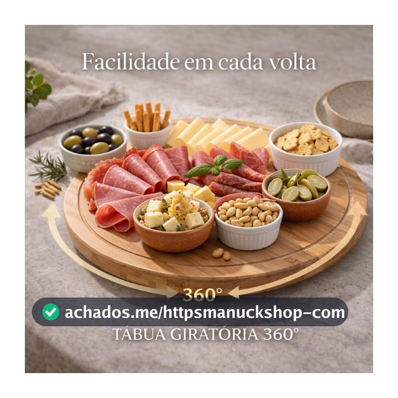 Petisqueira Giratória Bambu 28cm Tábua Frios Bandeja Petiscos Mesa Posta Café da Manhã 360 Decoração
