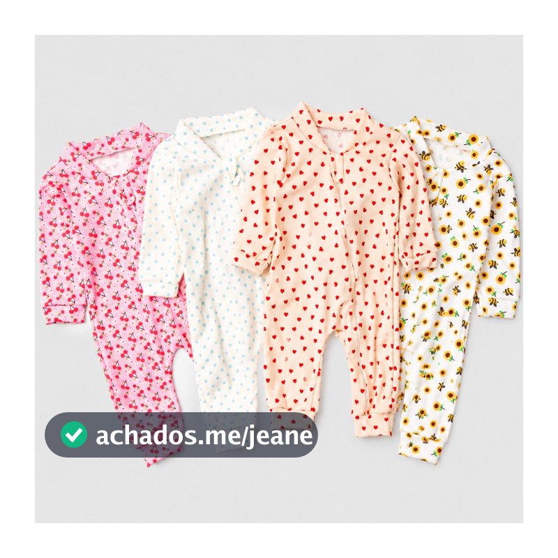 Kit 4 Macacão Canelado Estampado Bebê Zíper Menino E Menina