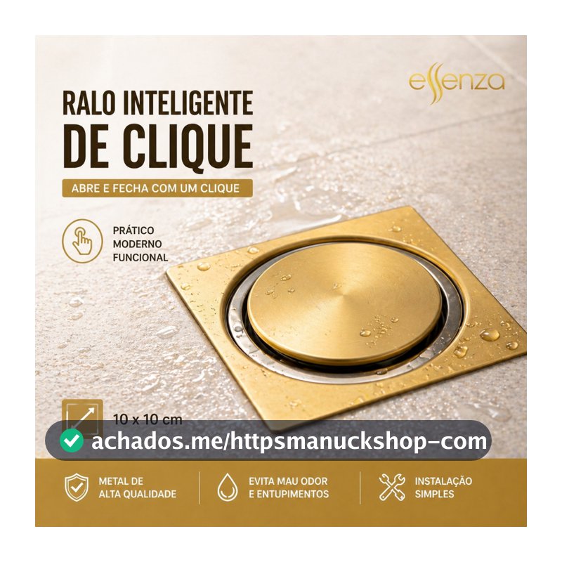 Ralo Click 10x10cm Quadrado Dourado Moderno Banheiro Lavabo Veda Cheiro Inox Essenza