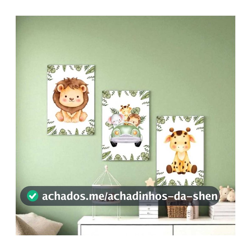 Kit 3 Quadros Decorativos Safari Infantil Menino Fofo para Quarto Baby Infantil Simples