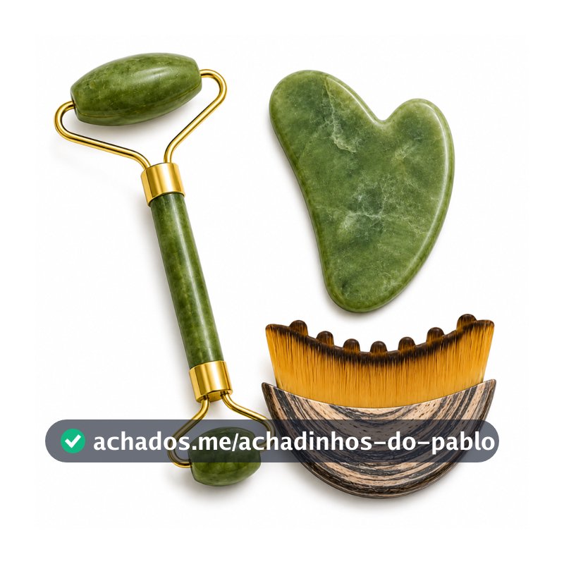 Kit Massagem Facial Premium com Rolo de Jade Verde, Pedra Gua Sha e Escova para Drenagem Linfática
