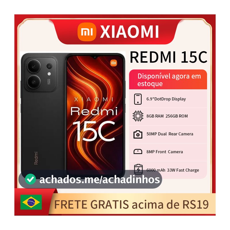 Celular Xiaomi Redmi 15C Dual SIM de 256GB 8GB RAM de 6.9" 50MP 8MP Bateria 6000mAh, Proteção IP64 Lançamento 2025