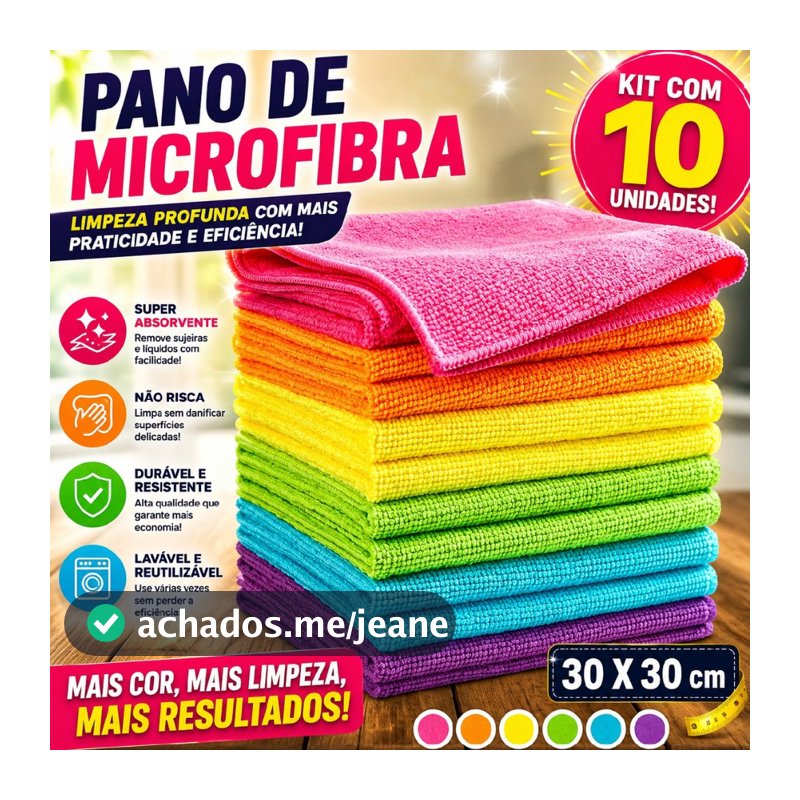 Kit 10 Panos Paninhos de Microfibra Flanela 30X30cm Limpa Vidro Seca Louça Cozinha Secagem Automotiva Alta Absorção