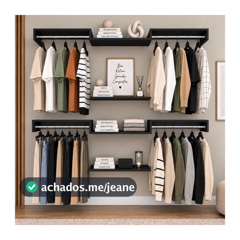 Kit Closet Aberto Suspenso C/ Cabideiros e Prateleiras  60cm - Modulável Organizador Roupeiro-106