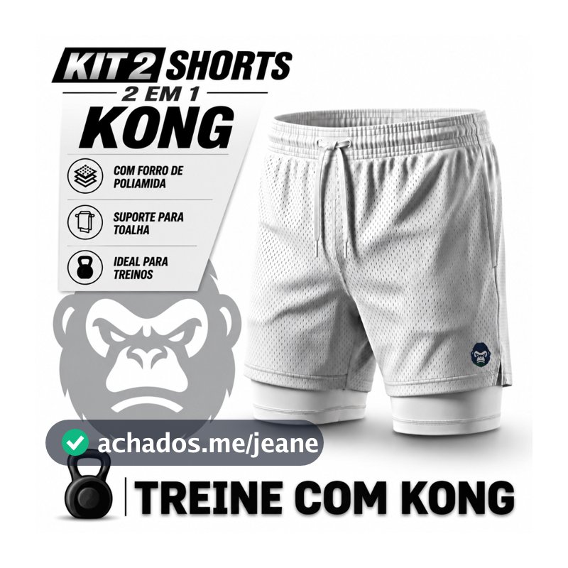 Kit 2 Shorts 2 Em 1 Dry Fit KONG Com Compressão Bolso Celular Academia Corrida Treino Anti Odor