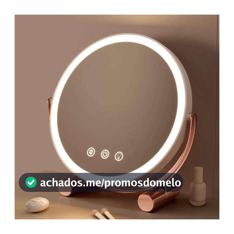 Espelho de Maquiagem com LED – Mesa Redonda, Madeira Bambu, Luz Branca, Recarga USB