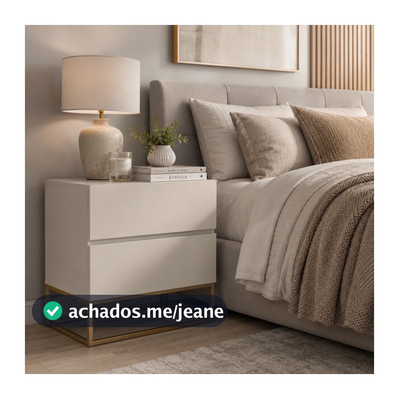 Mesa de Cabeceira Eros 45 cm com 2 Gavetas em MDF/MDP Base Metálica Dourada Compacta e Moderna
