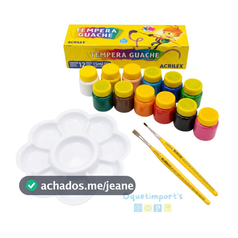 Kit Acrilex Tinta Guache Infantil 12 Cores + 2 Pincéis + Godê Flor Escolar Pintura