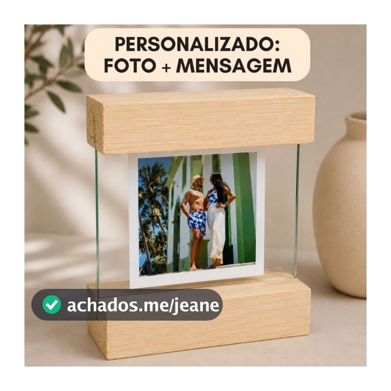 Porta Retrato com Base Madeira e Vidro Duplo Personalizado Mine Presente Dia Dos Pais Ou Romântico Decorativo Namorados