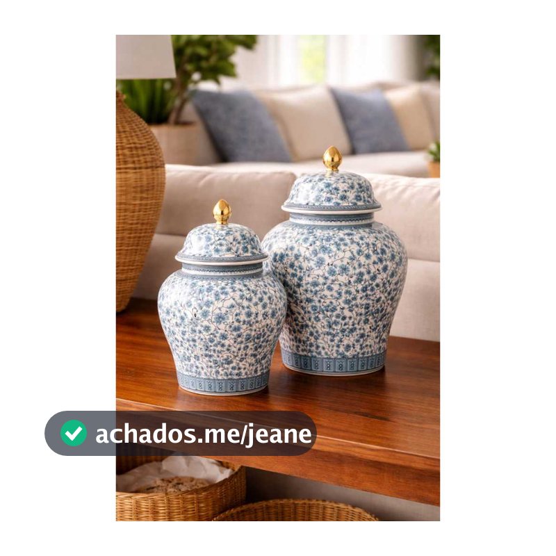 Vasos Decorativos Azul Floral com Tampa Dourada Potiche Porcelana Elegante para Sala Escritório