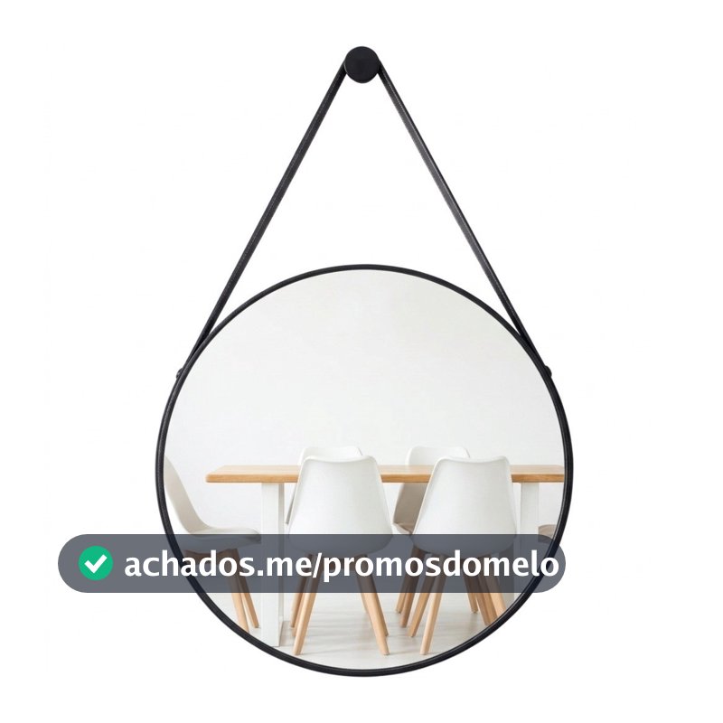Espelho Redondo Alça Couro 60cm Suporte De Fixação para Banheiro Sala Quarto Lavabo Minimalista
