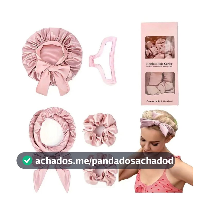 kit Modelador de Cachos Cetim Sem Calor+ touca de Cetim Dupla Face + 1Piranha +2 Scrunchies para cabelo 025-066