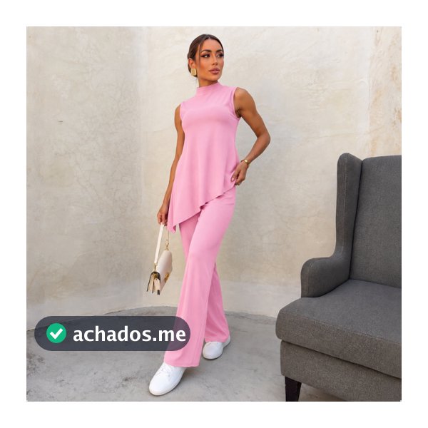 Conjunto Feminino Canelado Calça Pantalona Blusa Assimétrica Elegante Moda Executiva Casual Confortável