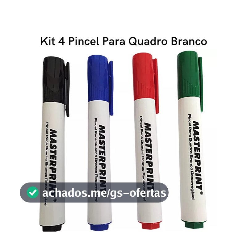 Kit 4 Pincel Quadro Branco Cores Azul Preto Vermelho Verde Recarregável Masteprint