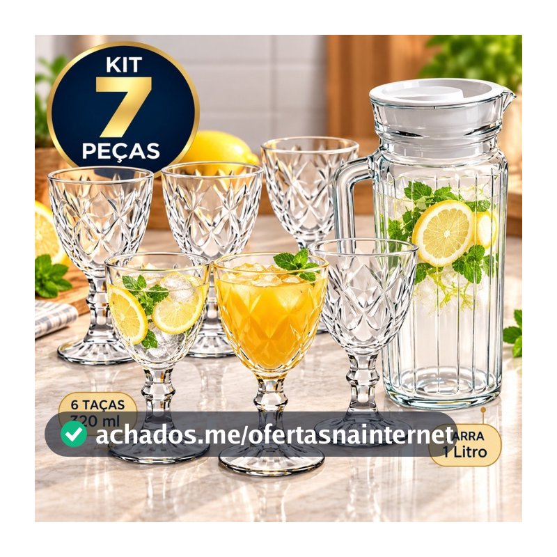 Kit Jarra de Vidro 1 Litro com Tampa + 6 Taças Diamond 320ml para Suco e Água