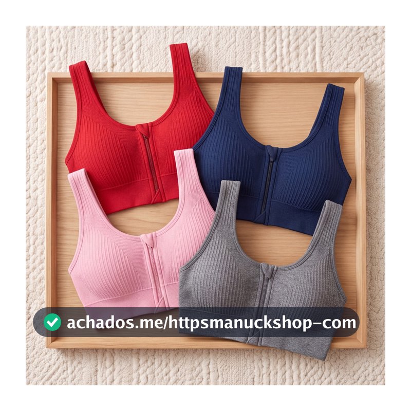 Kit c até 4 Top Fitness Feminino Sem Costura Canelado Zíper Frontal Poliamida Academia